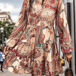 Buttoned Flower Print Split-Joint Long Sleeves Loose V-neck Mini Dresses