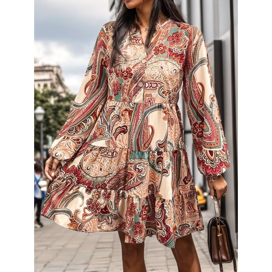 Buttoned Flower Print Split-Joint Long Sleeves Loose V-neck Mini Dresses Buttoned Flower Print Split-Joint Long Sleeves Loose V-neck Mini Dresses