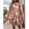 Buttoned Flower Print Split-Joint Long Sleeves Loose V-neck Mini Dresses