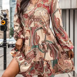 Buttoned Flower Print Split-Joint Long Sleeves Loose V-neck Mini Dresses