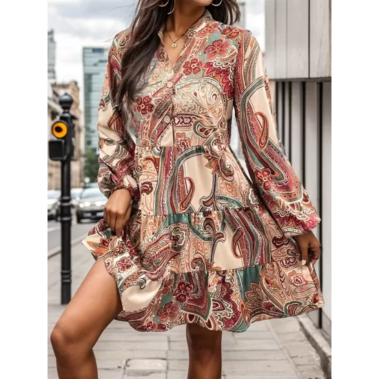 Buttoned Flower Print Split-Joint Long Sleeves Loose V-neck Mini Dresses Buttoned Flower Print Split-Joint Long Sleeves Loose V-neck Mini Dresses