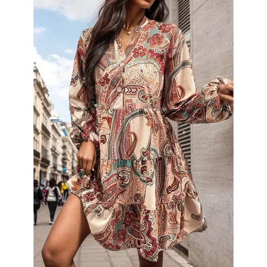 Buttoned Flower Print Split-Joint Long Sleeves Loose V-neck Mini Dresses Buttoned Flower Print Split-Joint Long Sleeves Loose V-neck Mini Dresses