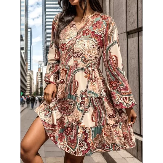 Buttoned Flower Print Split-Joint Long Sleeves Loose V-neck Mini Dresses Buttoned Flower Print Split-Joint Long Sleeves Loose V-neck Mini Dresses