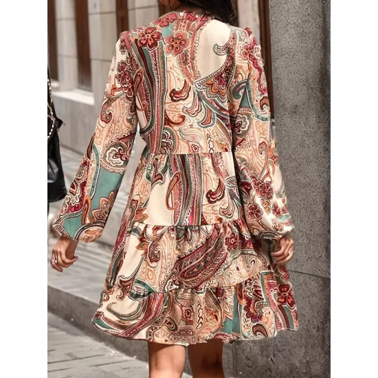 Buttoned Flower Print Split-Joint Long Sleeves Loose V-neck Mini Dresses Buttoned Flower Print Split-Joint Long Sleeves Loose V-neck Mini Dresses