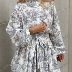 Pleated Printed Split-Joint Tied Waist Loose Puff Sleeves Stand Collar Mini Dresses