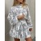 Pleated Printed Split-Joint Tied Waist Loose Puff Sleeves Stand Collar Mini Dresses