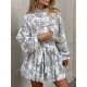 Pleated Printed Split-Joint Tied Waist Loose Puff Sleeves Stand Collar Mini Dresses Pleated Printed Split-Joint Tied Waist Loose Puff Sleeves Stand Collar Mini Dresses