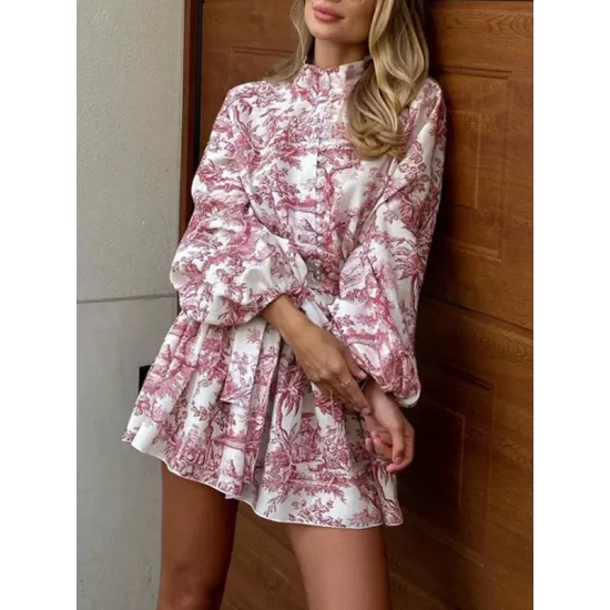 Pleated Printed Split-Joint Tied Waist Loose Puff Sleeves Stand Collar Mini Dresses Pleated Printed Split-Joint Tied Waist Loose Puff Sleeves Stand Collar Mini Dresses