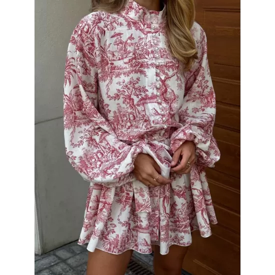 Pleated Printed Split-Joint Tied Waist Loose Puff Sleeves Stand Collar Mini Dresses Pleated Printed Split-Joint Tied Waist Loose Puff Sleeves Stand Collar Mini Dresses