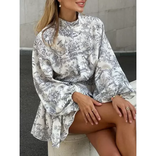 Pleated Printed Split-Joint Tied Waist Loose Puff Sleeves Stand Collar Mini Dresses Pleated Printed Split-Joint Tied Waist Loose Puff Sleeves Stand Collar Mini Dresses
