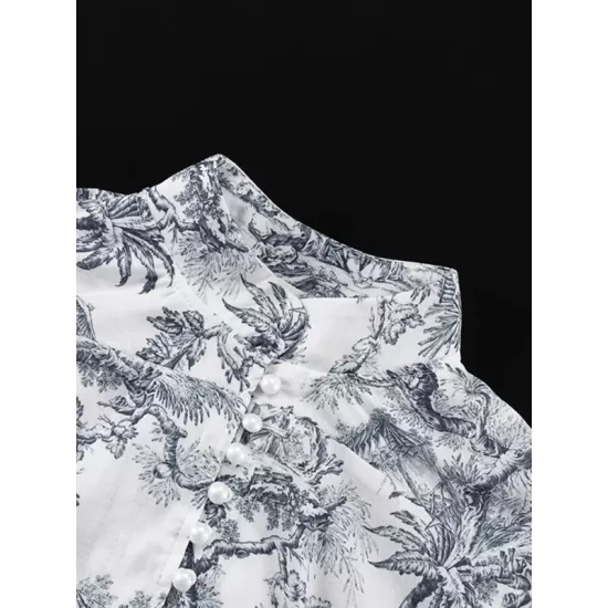 Pleated Printed Split-Joint Tied Waist Loose Puff Sleeves Stand Collar Mini Dresses Pleated Printed Split-Joint Tied Waist Loose Puff Sleeves Stand Collar Mini Dresses