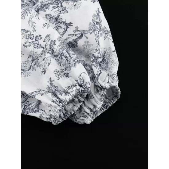 Pleated Printed Split-Joint Tied Waist Loose Puff Sleeves Stand Collar Mini Dresses Pleated Printed Split-Joint Tied Waist Loose Puff Sleeves Stand Collar Mini Dresses