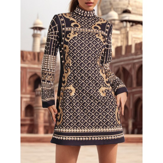 Beaded Long Sleeves High Neck Mini Dresses Beaded Long Sleeves High Neck Mini Dresses