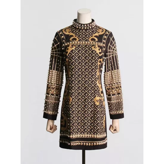 Beaded Long Sleeves High Neck Mini Dresses Beaded Long Sleeves High Neck Mini Dresses