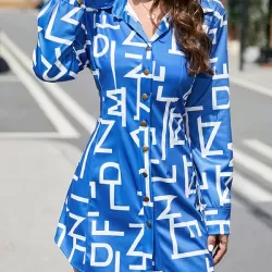 Buttoned Contrast Color Letter Print Long Sleeves Lapel Mini Dresses