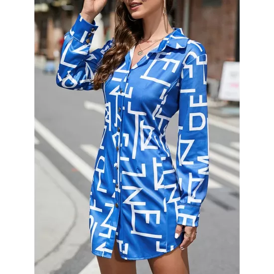 Buttoned Contrast Color Letter Print Long Sleeves Lapel Mini Dresses Buttoned Contrast Color Letter Print Long Sleeves Lapel Mini Dresses