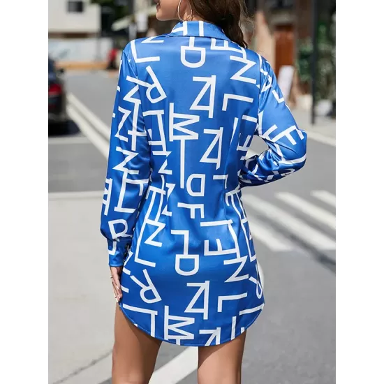 Buttoned Contrast Color Letter Print Long Sleeves Lapel Mini Dresses Buttoned Contrast Color Letter Print Long Sleeves Lapel Mini Dresses