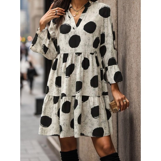 Pleated Polka-Dot Split-Joint A-line Flared Sleeves V-neck Mini Dresses Pleated Polka-Dot Split-Joint A-line Flared Sleeves V-neck Mini Dresses