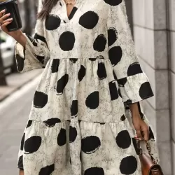 Pleated Polka-Dot Split-Joint A-line Flared Sleeves V-neck Mini Dresses