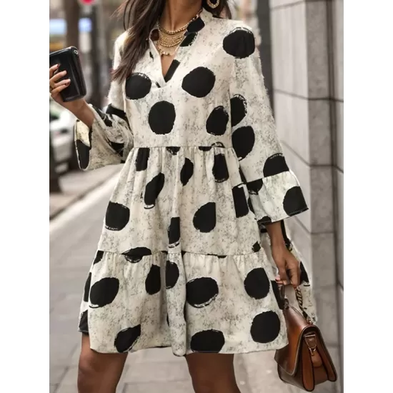 Pleated Polka-Dot Split-Joint A-line Flared Sleeves V-neck Mini Dresses Pleated Polka-Dot Split-Joint A-line Flared Sleeves V-neck Mini Dresses