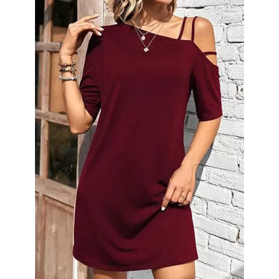 Asymmetric Solid Color Loose Short Sleeves One-shoulder Mini Dresses Asymmetric Solid Color Loose Short Sleeves One-shoulder Mini Dresses