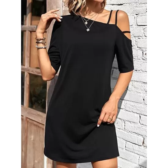 Asymmetric Solid Color Loose Short Sleeves One-shoulder Mini Dresses Asymmetric Solid Color Loose Short Sleeves One-shoulder Mini Dresses