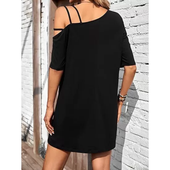 Asymmetric Solid Color Loose Short Sleeves One-shoulder Mini Dresses Asymmetric Solid Color Loose Short Sleeves One-shoulder Mini Dresses