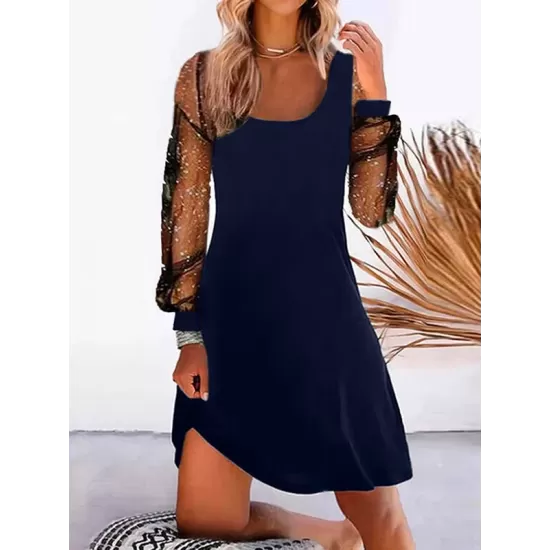 Mesh Split-Joint A-line Long Sleeves U-neck Mini Dresses Mesh Split-Joint A-line Long Sleeves U-neck Mini Dresses