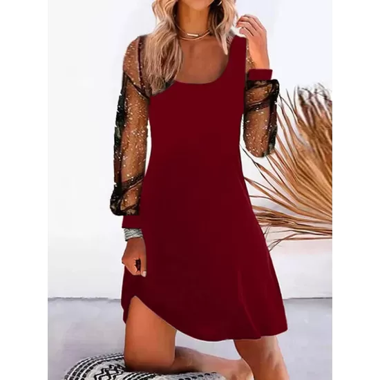 Mesh Split-Joint A-line Long Sleeves U-neck Mini Dresses Mesh Split-Joint A-line Long Sleeves U-neck Mini Dresses