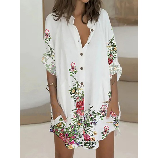 Buttoned Flower Print Long Sleeves Loose Lapel Shirt Dress Mini Dresses Buttoned Flower Print Long Sleeves Loose Lapel Shirt Dress Mini Dresses