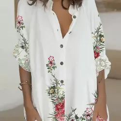 Buttoned Flower Print Long Sleeves Loose Lapel Shirt Dress Mini Dresses