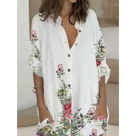 Buttoned Flower Print Long Sleeves Loose Lapel Shirt Dress Mini Dresses Buttoned Flower Print Long Sleeves Loose Lapel Shirt Dress Mini Dresses