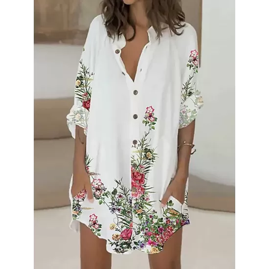 Buttoned Flower Print Long Sleeves Loose Lapel Shirt Dress Mini Dresses Buttoned Flower Print Long Sleeves Loose Lapel Shirt Dress Mini Dresses