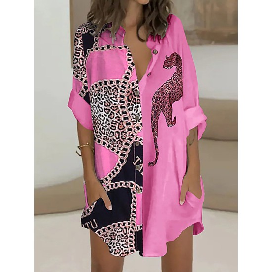 Long Sleeves Loose Animal Printed Buttoned Leopard Lapel Mini Dresses Shirt Dress Long Sleeves Loose Animal Printed Buttoned Leopard Lapel Mini Dresses Shirt Dress