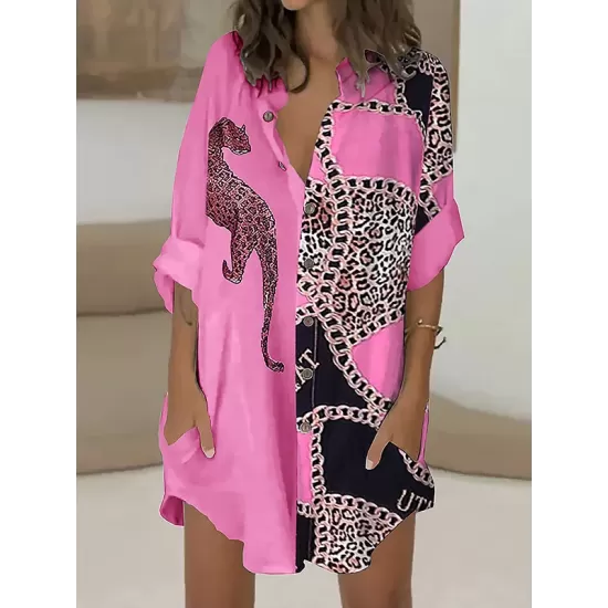 Long Sleeves Loose Animal Printed Buttoned Leopard Lapel Mini Dresses Shirt Dress Long Sleeves Loose Animal Printed Buttoned Leopard Lapel Mini Dresses Shirt Dress