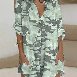 Buttoned Camouflage Long Sleeves Loose Lapel Shirt Dress Mini Dresses