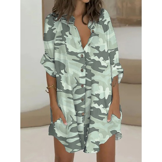 Buttoned Camouflage Long Sleeves Loose Lapel Shirt Dress Mini Dresses Buttoned Camouflage Long Sleeves Loose Lapel Shirt Dress Mini Dresses