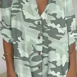Buttoned Camouflage Long Sleeves Loose Lapel Shirt Dress Mini Dresses