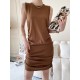 Drawstring Solid Color Loose Sleeveless Round-Neck Mini Dresses Drawstring Solid Color Loose Sleeveless Round-Neck Mini Dresses