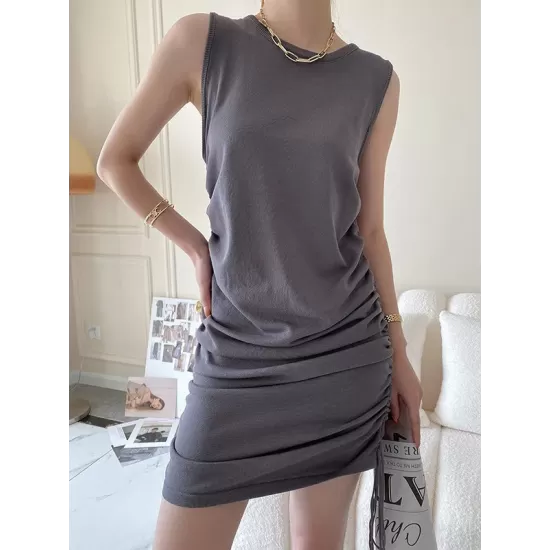 Drawstring Solid Color Loose Sleeveless Round-Neck Mini Dresses Drawstring Solid Color Loose Sleeveless Round-Neck Mini Dresses