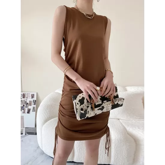 Drawstring Solid Color Loose Sleeveless Round-Neck Mini Dresses Drawstring Solid Color Loose Sleeveless Round-Neck Mini Dresses