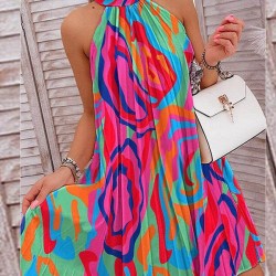 Loose Plus Size Pleated Printed Halter-Neck Mini Dresses Short Dresses