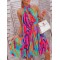 Loose Plus Size Pleated Printed Halter-Neck Mini Dresses Short Dresses