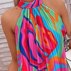 Loose Plus Size Pleated Printed Halter-Neck Mini Dresses Short Dresses