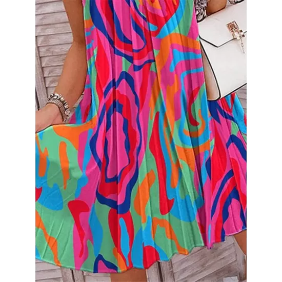 Loose Plus Size Pleated Printed Halter-Neck Mini Dresses Short Dresses Loose Plus Size Pleated Printed Halter-Neck Mini Dresses Short Dresses