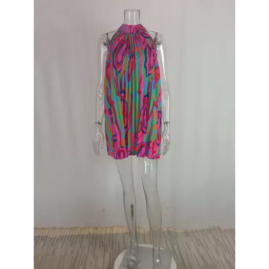 Loose Plus Size Pleated Printed Halter-Neck Mini Dresses Short Dresses Loose Plus Size Pleated Printed Halter-Neck Mini Dresses Short Dresses