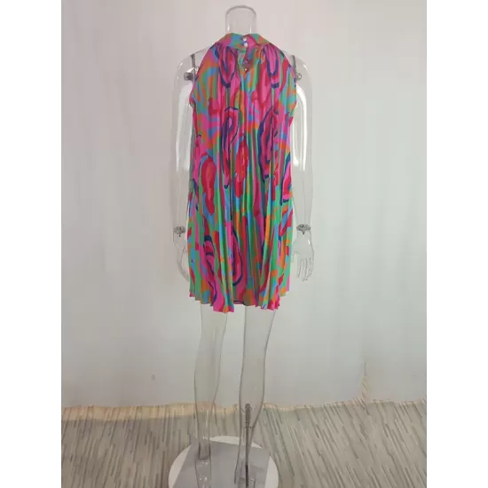 Loose Plus Size Pleated Printed Halter-Neck Mini Dresses Short Dresses Loose Plus Size Pleated Printed Halter-Neck Mini Dresses Short Dresses