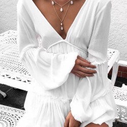 Backless Elasticity Pleated Solid Color Split-Joint A-Line Long Sleeves Deep V-Neck Mini Dresses