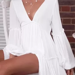 Backless Elasticity Pleated Solid Color Split-Joint A-Line Long Sleeves Deep V-Neck Mini Dresses