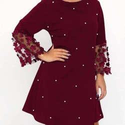 Mesh Polka-Dot Split-Joint Three-Dimensional Flower A-line Loose Round-neck Mini Dresses